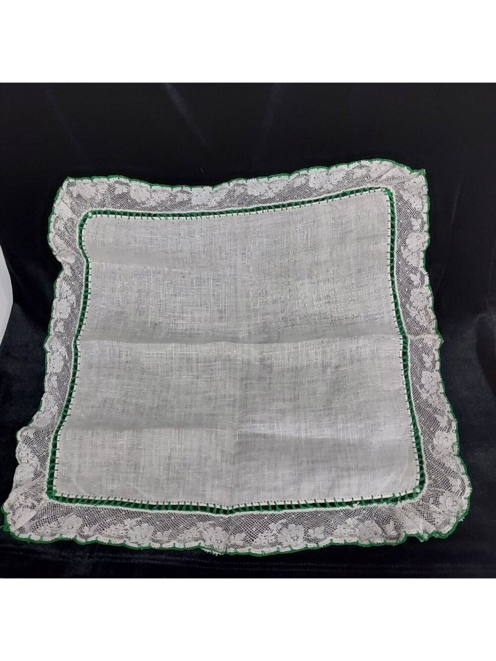 Handerchief Antique 13x13 Handmade French Lace 1920 Wedding Green Embroridred - Picture 1 of 8
